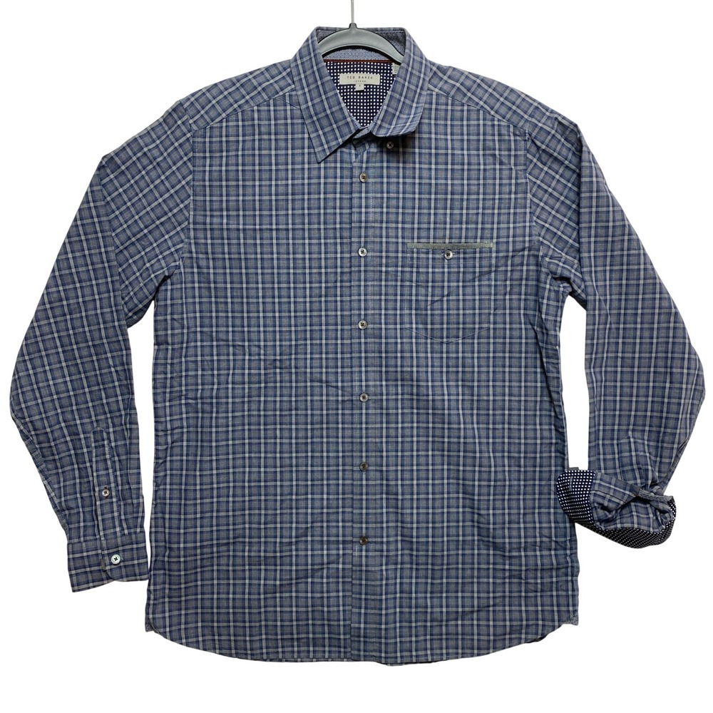 Ted Baker Button-Down Shirt Mens 5 Blue Gray Plaid SKOOL TS7M GA68 Cotton
